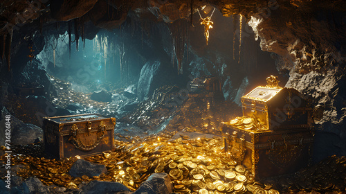 Pirate treasures in a dark cave. Old coins diamonds and gold. generative ai