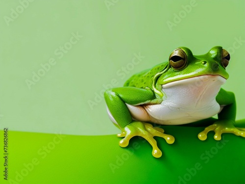 Green frog on isolated pastel background. 29 february leap year day concept