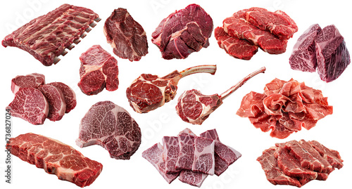 various of different isolated steak raw beef cuts meat parts on the transparent background photo