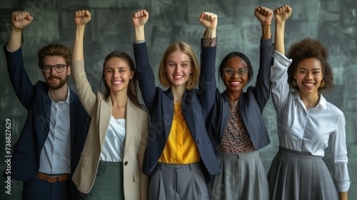 United Team Celebrating Success, diverse team of professionals raising their fists in victory, showcasing teamwork and success in a corporate environment