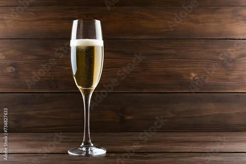 A champagne glass on a simple wooden background, Valentine's Day, Christmas. Generative AI