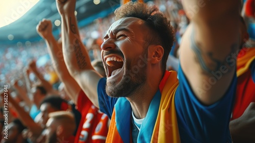 Exuberant Sports Fan Cheering at Stadium, Ecstatic sports enthusiast celebrating a win at a stadium, with fists raised and face painted in team colors, embodying the passion of fandom