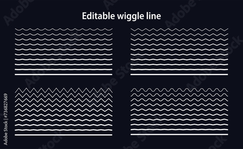 Editable wiggle lines. Set of wavy curves and zigzag intersecting horizontal strokes. Transition from a straight line to a wavy one. Geometric design elements for your projects. Vector illustration