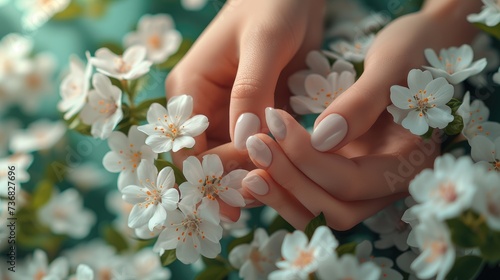 Hands Cradling Cherry Blossoms, Tender hands delicately cradle a cluster of cherry blossoms, highlighting the beauty and fragility of springtime in full bloom