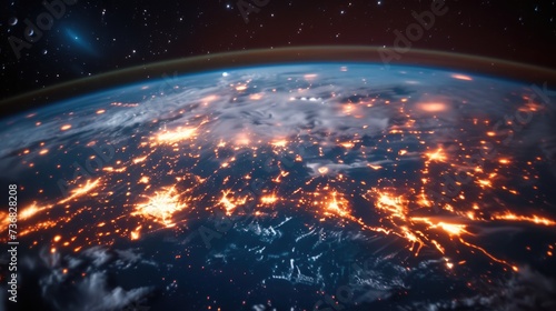 Earth's Network of Connectivity at Night, stunning depiction of Earth at night showcasing the interconnected network of global communication with vibrant lights and data streams
