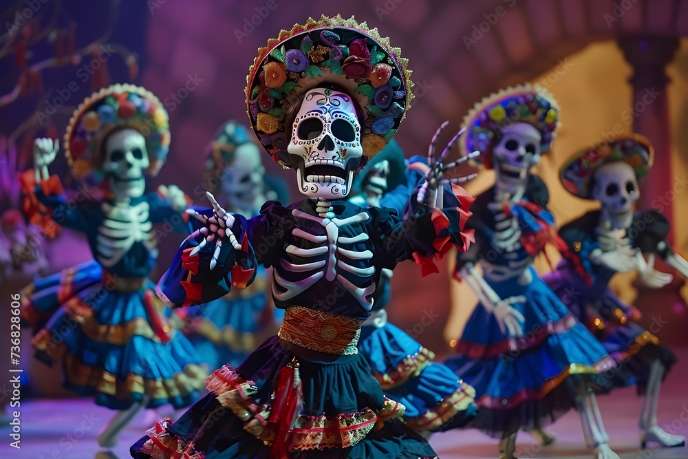 Skeletons Dancing in Vibrant Costumes during Day of the Dead Festival