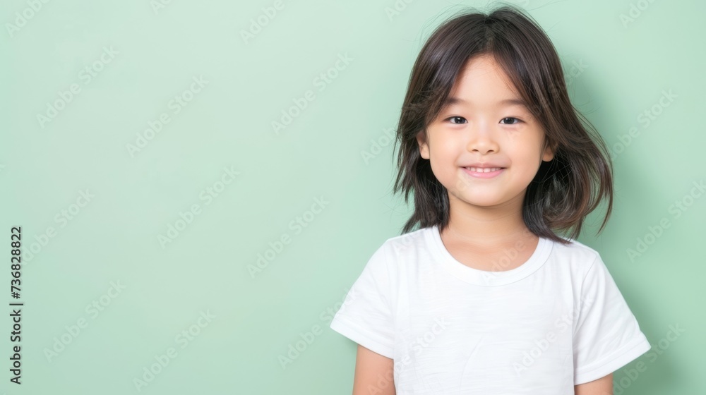 Portrait of a smiling young girl with a mint green background, expressing happiness and innocence. Suitable for education, parenting, and health themes. Portrait of a smiling young girl with a mint green background, expressing happiness and innocence. Suitable for education, parenting, and health themes.