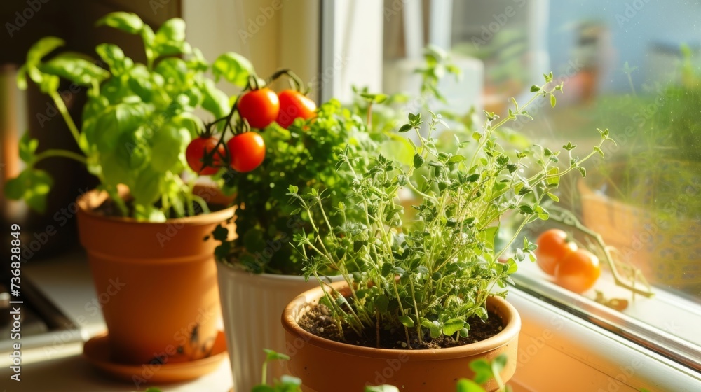 Vibrant indoor tomato plants in pots by a sunny window, with ripe red tomatoes ready to harvest, urban gardening