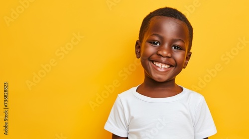 Happy African American boy with a bright smile, wearing a white shirt against a yellow background © mashimara