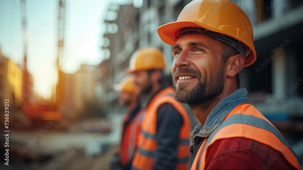 Team of construction workers working at the construction site. Smiling construction worker. Generative AI. Team of construction workers working at the construction site. Smiling construction worker. Generative AI.