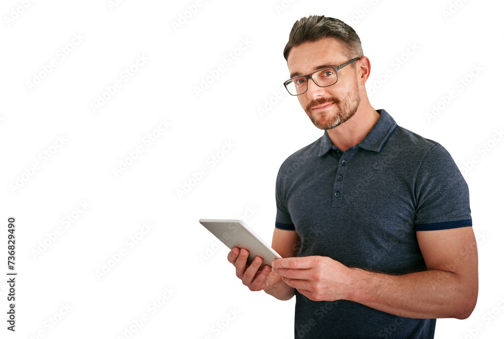 Portrait, tablet and design with man in glasses isolated on transparent background for creative business. Technology, app or social media with confident designer on PNG to search for information Portrait, tablet and design with man in glasses isolated on transparent background for creative business. Technology, app or social media with confident designer on PNG to search for information