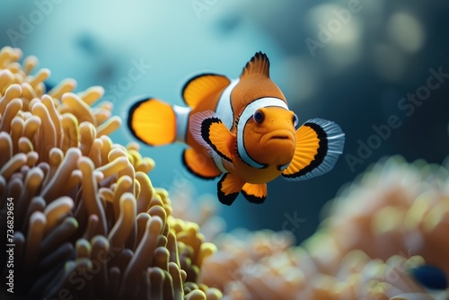 Clown fish under the sea, algae and corals. Generative AI.