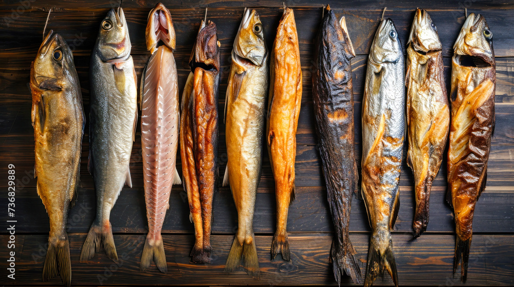 Obraz premium Five Different Types of Fish Hanging on a Wooden Wall