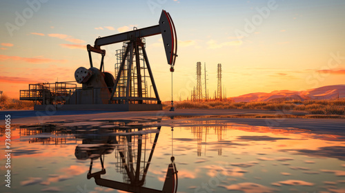 Oil pump, oil rig, energy industrial oil machine on sunset background for design