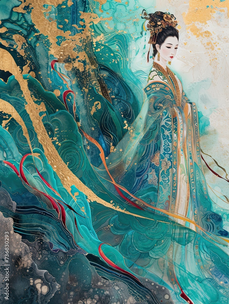 ancient Chinese goddess in traditional dress with abstract floral ...