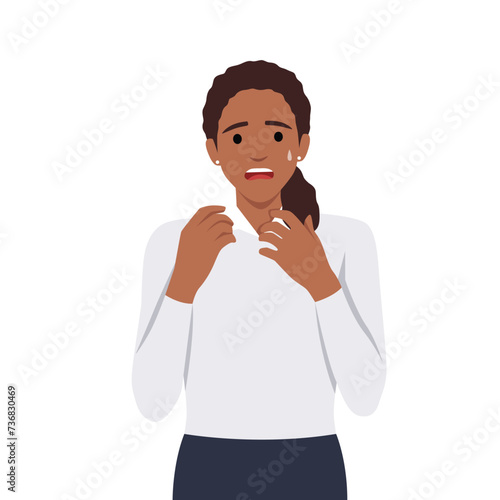 Being worried and stress concept. Portrait of attractive cute scared worried young girl cartoon character biting nails feeling stressed
