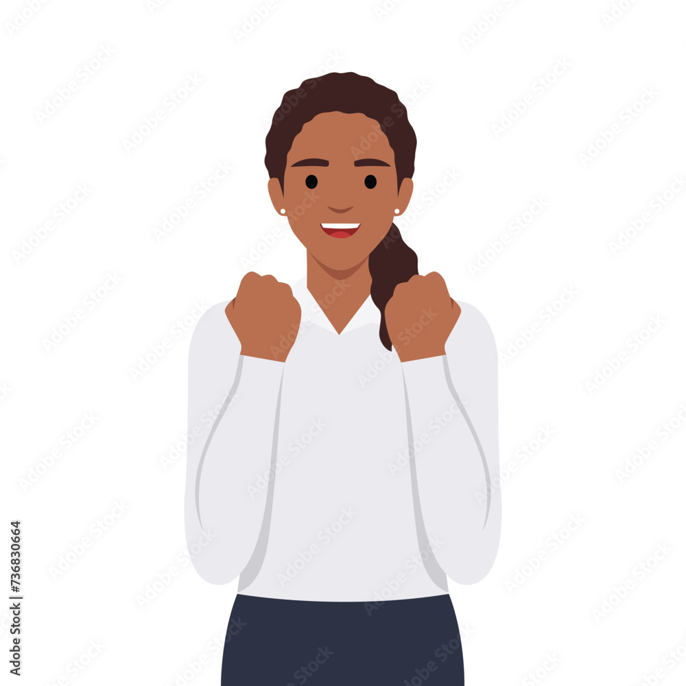 Trendy girl showing success gesture with raised hand fist. Young woman celebrating victory symbol with arms. Female character illustration design. Flat vector illustration isolated on white background Trendy girl showing success gesture with raised hand fist. Young woman celebrating victory symbol with arms. Female character illustration design. Flat vector illustration isolated on white background