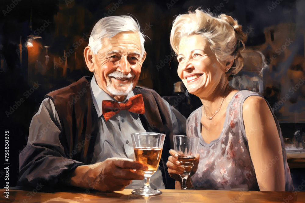 Elderly Couple Enjoying Drink Together in a Painting Elderly Couple Enjoying Drink Together in a Painting