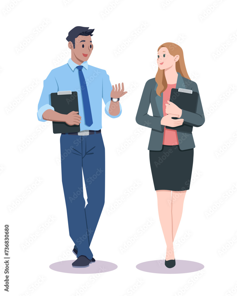 Flat style office workers talking and walking cartoon illustration Flat style office workers talking and walking cartoon illustration
