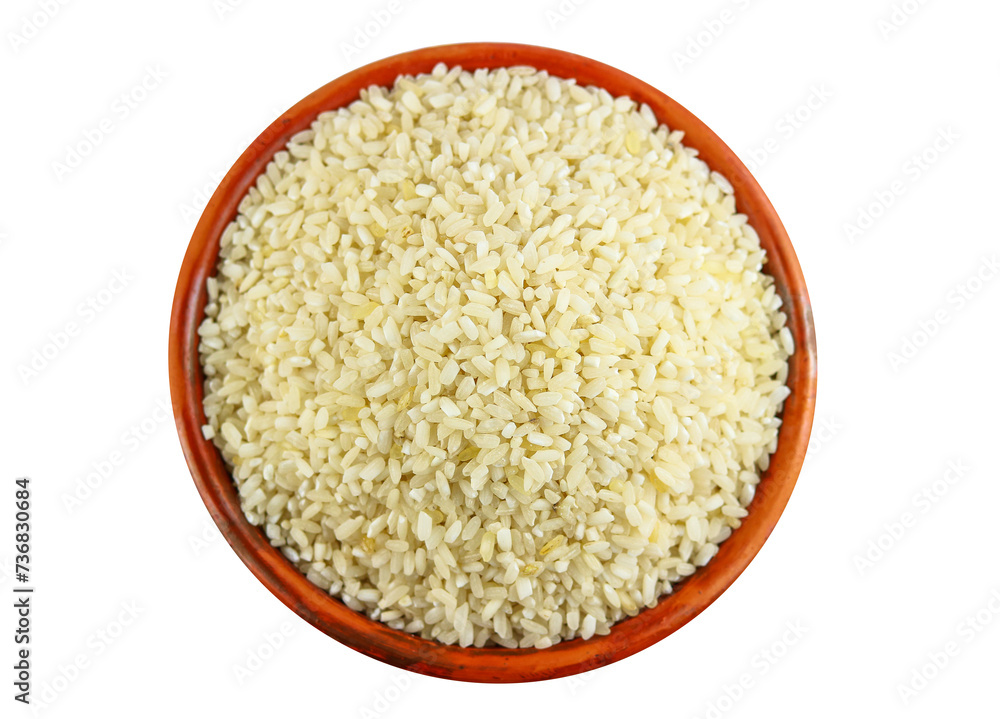 White rice in clay bowl isolated on a white background, Top view White rice in clay bowl isolated on a white background, Top view