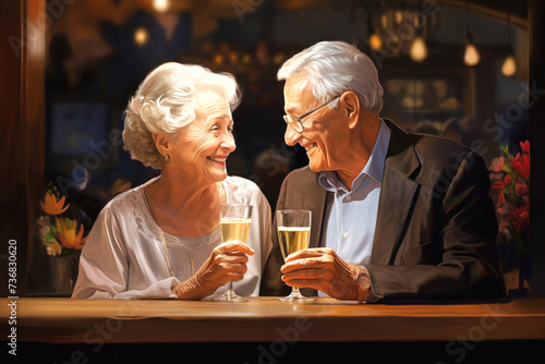 - Senior cheerful active elderly couple looking happy sitting in restaurant cafe bar drinking cocktails. Romantic seniors loving pastime lifestyle, good family relationship concept.