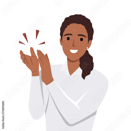Young woman clapping hands thanking or showing appreciation at event. Flat vector illustration isolated on white background