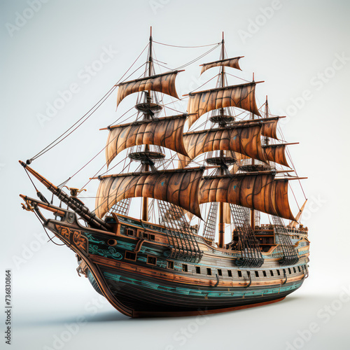 wooden pirate boat on white and sea background