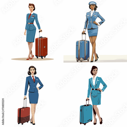 Flight Attendant with Luggage (Flight Attendant) simple minimalist isolated in white background vector illustration