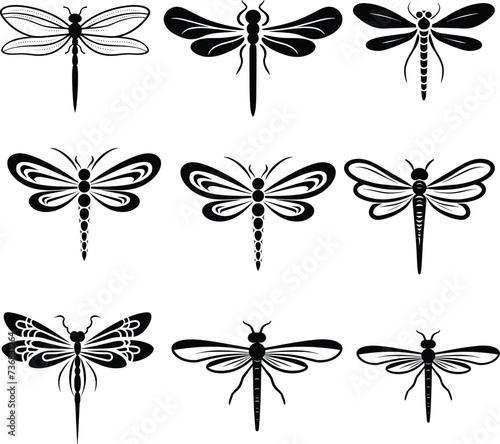 dragonfly silhouette, logo, set vector illustration
