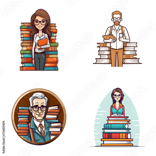 Librarian with Books (Librarian) simple minimalist isolated in white background vector illustration