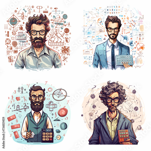 Mathematician with Calculator and Formulas (Mathematician) simple minimalist isolated in white background vector illustration