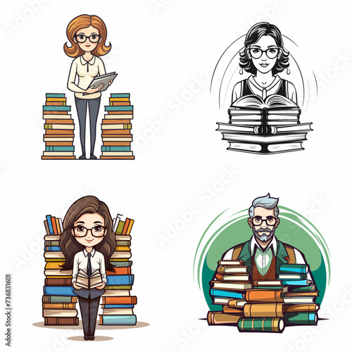 Librarian with Books (Librarian) simple minimalist isolated in white background vector illustration