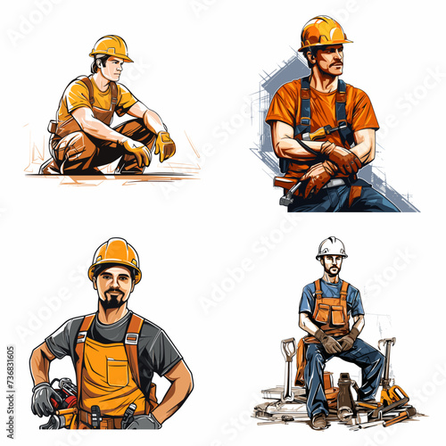 Construction Worker with Hard Hat and Tools (Construction Worker) simple minimalist isolated in white background vector illustration