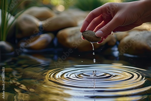 A hand holds a wet little stone above the water