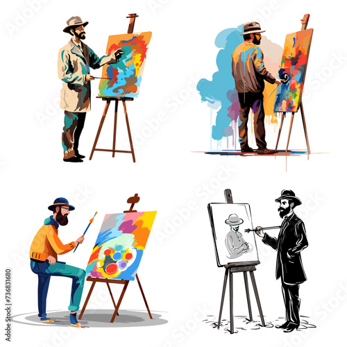 Artist with Paint Palette and Canvas (Visual Artist) simple minimalist isolated in white background vector illustration