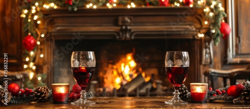 Two glasses of wine sit on a hardwood flooring in front of a gas fireplace decorated for Christmas, providing heat and entertainment with its flickering flames © 2rogan