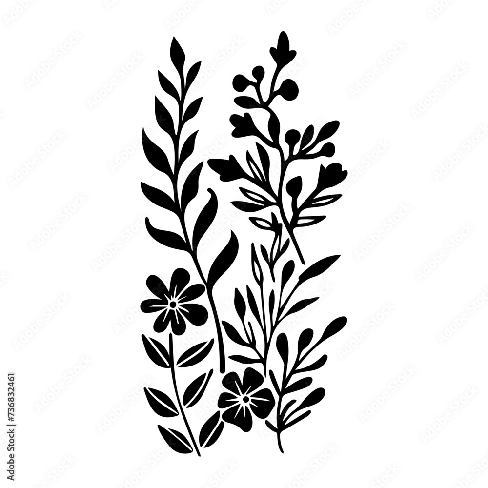 Fototapeta premium botanical graphic sketch drawing, trendy tiny tattoo design, floral elements vector illustration