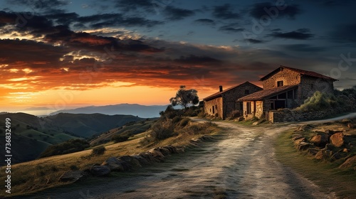 A sunset view of a house on a hill with a river running through it. ai generative image