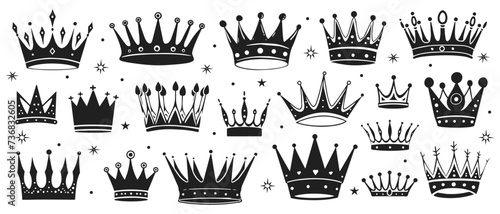 Crowns vector illustration. King, queen tiara, princess diadem in style of hand drawn black doodle on white background. Corona silhouette sketch