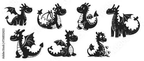 Cute dragons vector illustration. Fairytale creature in style of hand drawn black doodle on white background. Dragon silhouette