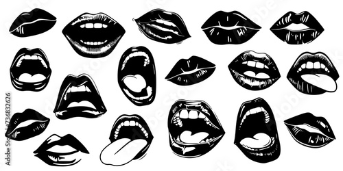 Lips kiss, girl lipstick vector illustration. Mouth expressions in style of hand drawn black doodle on white background. Smile emotions silhouette grunge sketch © Pixel Pine