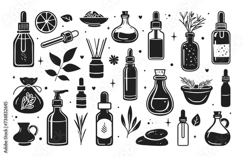 Essential oils vector illustration set. Aromatherapy, aromatic herbs in style of hand drawn black doodle on white background. Aroma diffuser, extract bottles silhouette sketch