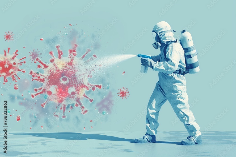 Disinfection cleaning illustration Man in sterile suit is spraying to kill virus - obrazy, fototapety, plakaty 