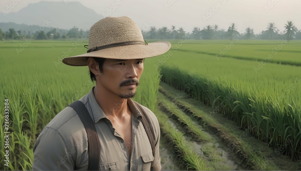 Thor at rice field, using farmer hat, tired, cinematic, 8k