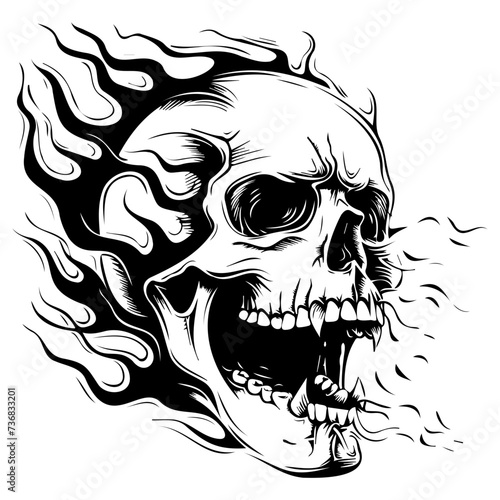 human skull small fractures angry yelling with flames