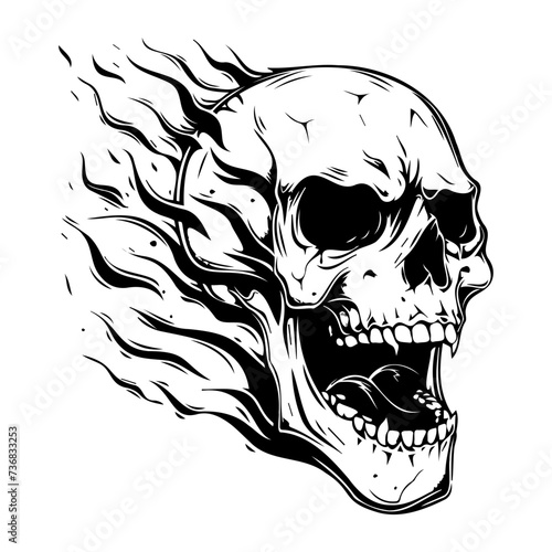 human skull small fractures angry yelling with flames