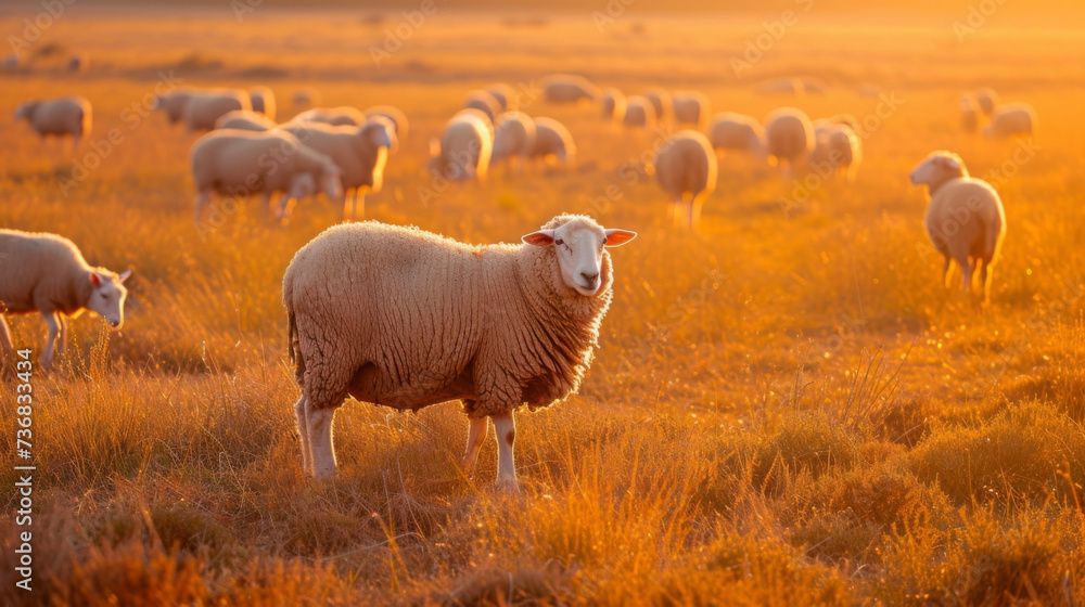 Obraz premium A flock of sheep graze in a field their fluffy coats lit up by the warm golden light of the countryside.