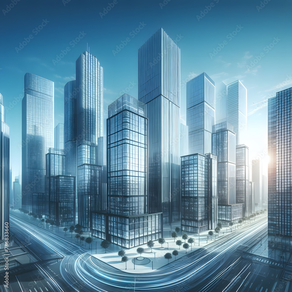 Modern skyscrapers of a smart city, futuristic financial district, Smart city and abstract polygon pattern connection with speed line light, big data connection technology concept .