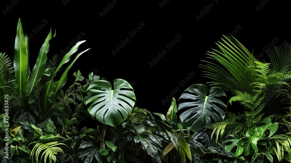 Fototapeta premium floral arrangement of tropical leaves of plants bush. nature background isolated on dark black background with copy space