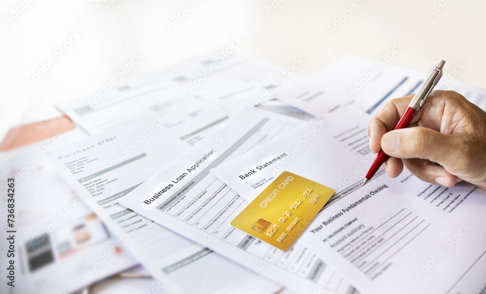 Close-up shot, hand of businessman holding pen checking bank statement to apply for a loan via credit card to start new business, Personal loan concept for start new business Close-up shot, hand of businessman holding pen checking bank statement to apply for a loan via credit card to start new business, Personal loan concept for start new business